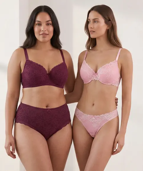 Damenwäsche mit Spitzen-BHs und Slips in Rosa und Bordeaux für verschiedene Passformen und Größen